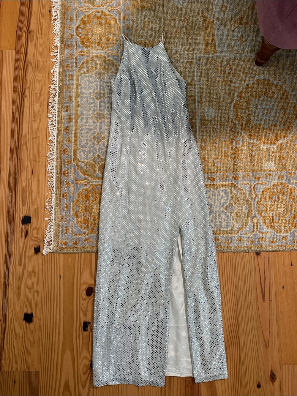 Vintage Silver Sequin Halter Gown with Side Slit
